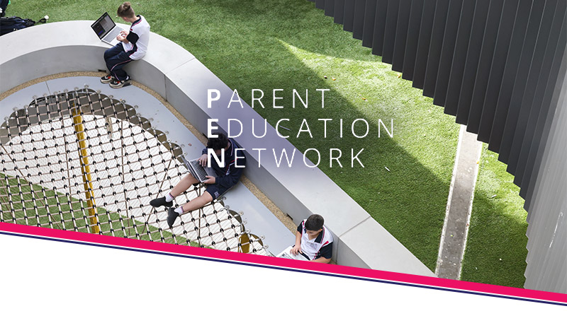 Santa Sophia Catholic College Box Hill students sitting on laptops under text that reads PEN Parent Education Network