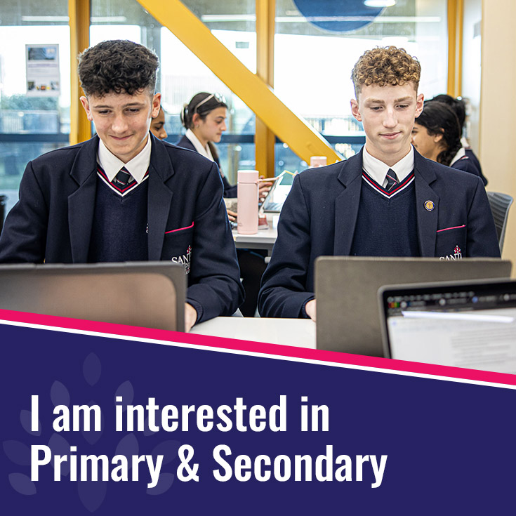 Santa Sophia Catholic College Box Hill students using laptops above text reading I am interested in Primary and Secondary